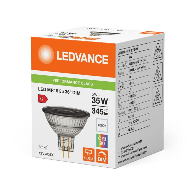 Ledvance GU5.3 MR16 LED Strahler dimmbar 36° 5W wie 35W 4000K neutralweißes Licht - 12V Niedervolt hohe Farbwiedergabe 90Ra